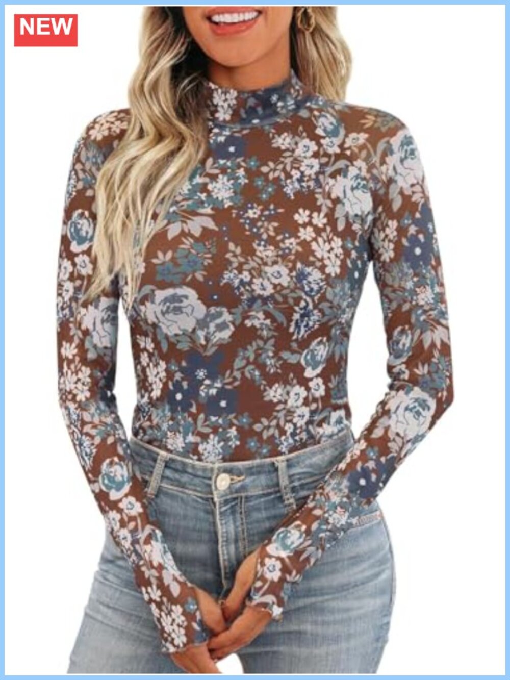 Women's Floral Mesh Long Sleeve Top Sheer Lace Mockneck Layering Shirt